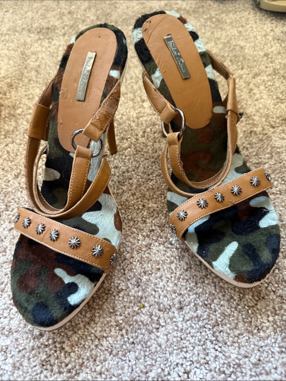Studded Camouflage Slingback Heels in Tan